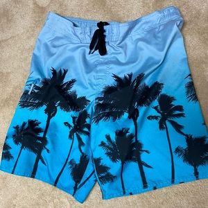 Board Shorts Men’s Swim Trunks Blue Tropical Palm Trees - size Large 36” waist L